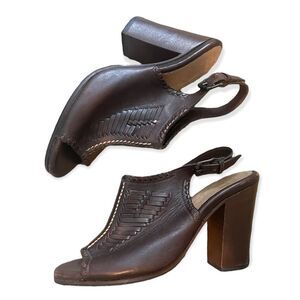 Frye Gail Ankle Strap brown leather Peep Toe Buckle Suede Heels Sandals sz 7 1/2